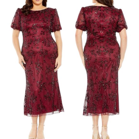 Mac Duggal Size 20 WBurgundy Puff Sleeve Beaded Fairy Cocktail MIDI Holiday $598 - Picture 1 of 8